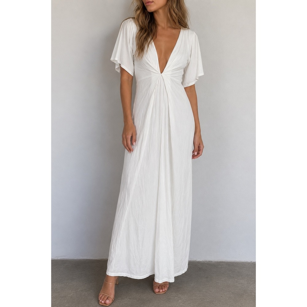 Ten Tomorrow Ivory Kori Pleated Maxi Dress Deep V Neck XS Coastal Minimalist